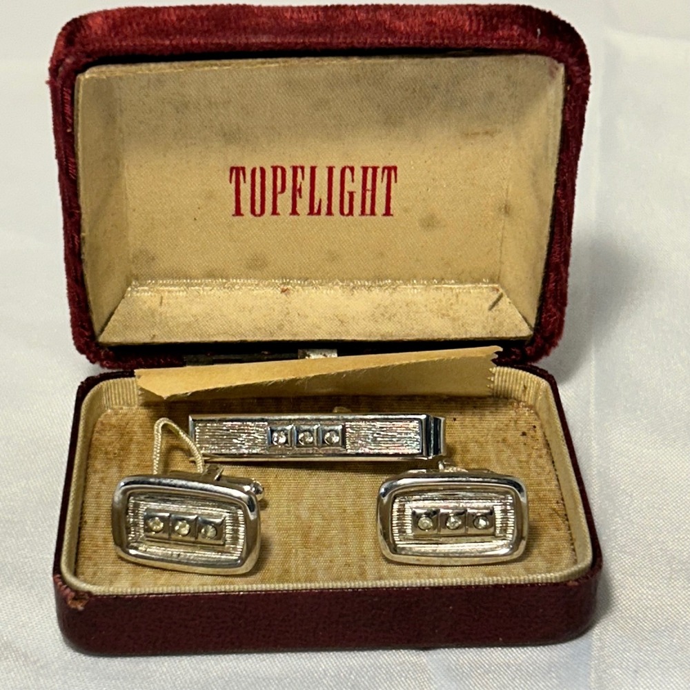 Topflight Silver Tone Mens Cufflinks and Tie Clip Set Sparkle‎ Stones Vintage